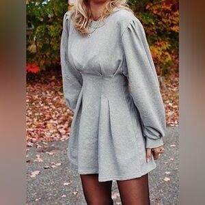 Storets Maya Smocked Gray Mini Sweatshirt Dress